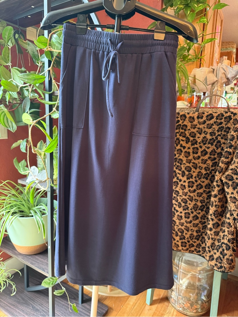 Midi Drawstring Knit Skirt in Navy